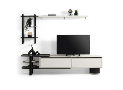 Salle de séjour Meuble TV Buffet bas Meuble TV Armoire Bois Blanc Étagères Unité murale
