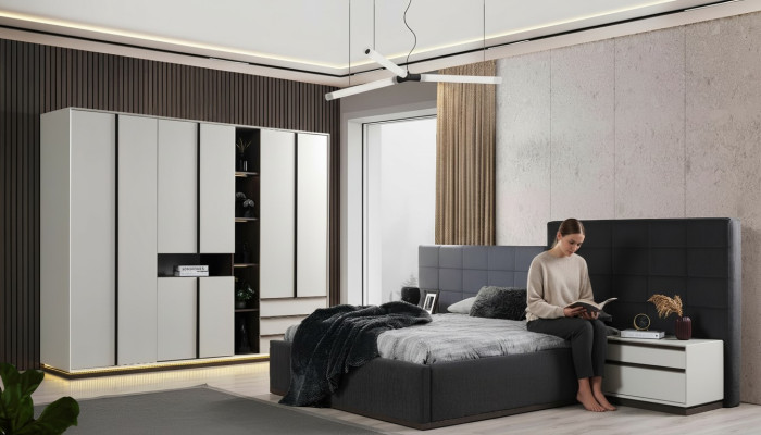Suite Lit double Chambre Lit Tables de chevet Armoire grise 4 pièces