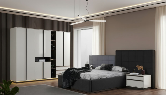 Suite Lit double Chambre Lit Tables de chevet Armoire grise 4 pièces