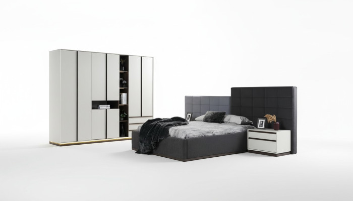 Suite Lit double Chambre Lit Tables de chevet Armoire grise 4 pièces