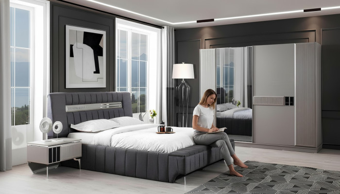 Chambre Suite Lit double Lit Tables de chevet 4pcs Gris Armoire