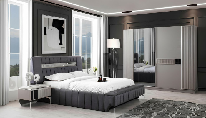 Chambre Suite Lit double Lit Tables de chevet 4pcs Gris Armoire