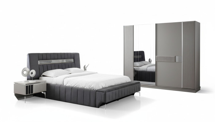Chambre Suite Lit double Lit Tables de chevet 4pcs Gris Armoire