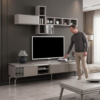 Sideboard Armoire TV Lowboard Étagères Meuble TV Armoire Bois Gris Unité murale