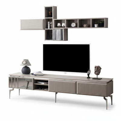 Sideboard Armoire TV Lowboard Étagères Meuble TV Armoire Bois Gris Unité murale