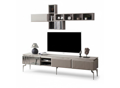 Sideboard Armoire TV Lowboard Étagères Meuble TV Armoire Bois Gris Unité murale