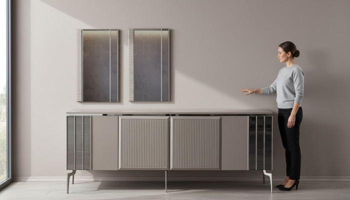 Suite avec commode miroir, buffet, commode grise et commode en bois
