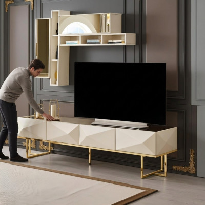 Buffet Meuble TV Meuble bas Ensemble mural Meuble TV Armoire Bois Étagères Beige
