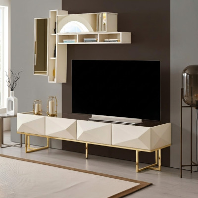 Buffet Meuble TV Meuble bas Ensemble mural Meuble TV Armoire Bois Étagères Beige