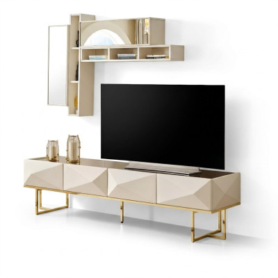 Buffet Meuble TV Meuble bas Ensemble mural Meuble TV Armoire Bois Étagères Beige