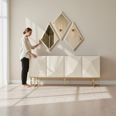 Suite Buffet avec Garde-robe Miroir Buffet Beige Commode Ensemble en Bois
