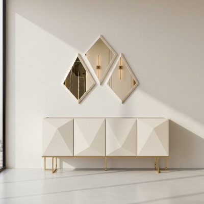 Suite Buffet avec Garde-robe Miroir Buffet Beige Commode Ensemble en Bois