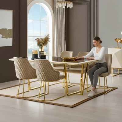 Ensemble de salle à manger moderne Table à manger de luxe Table à manger Chaises Ensemble 7 pièces Beige Or