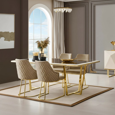 Ensemble de salle à manger moderne Table à manger de luxe Table à manger Chaises Ensemble 7 pièces Beige Or