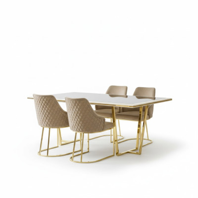 Ensemble de salle à manger moderne Table à manger de luxe Table à manger Chaises Ensemble 7 pièces Beige Or