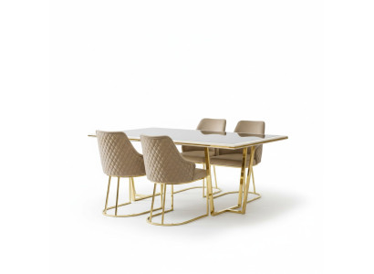 Ensemble de salle à manger moderne Table à manger de luxe Table à manger Chaises Ensemble 7 pièces Beige Or