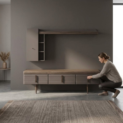 Unité murale buffet Meuble télévision étagères Meuble bas en bois gris