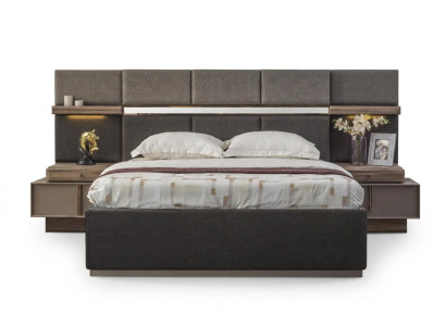 Ensemble complet de chambre à coucher avec lit double en tissu gris, comprenant 3 pièces : lit et tables de chevet.