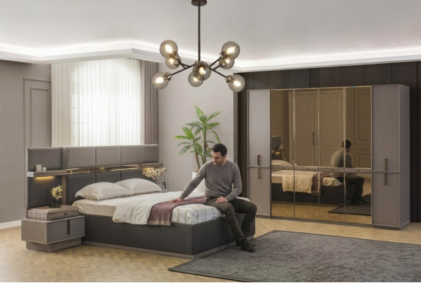 Chambre principale Lit double Lit Tables de chevet Armoire Ensemble gris de 4 pièces