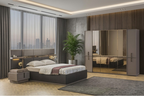 Chambre principale Lit double Lit Tables de chevet Armoire Ensemble gris de 4 pièces