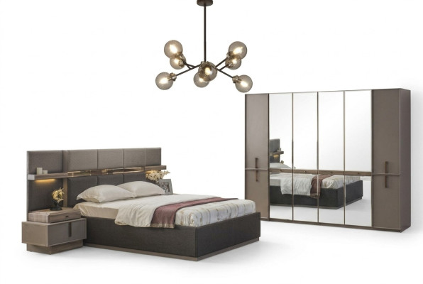 Chambre principale Lit double Lit Tables de chevet Armoire Ensemble gris de 4 pièces