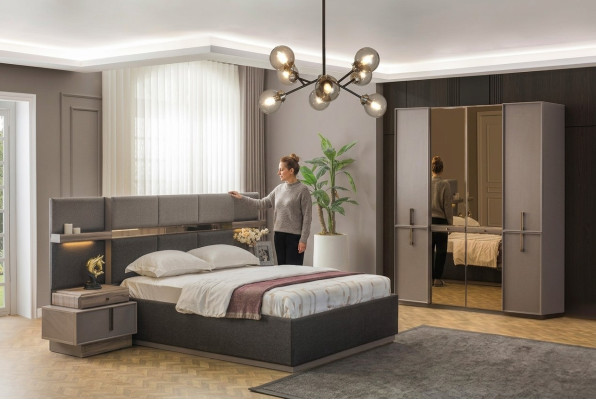 Lit double Complet chambre à coucher Lit 4 pièces Gris Tables de chevet Armoire