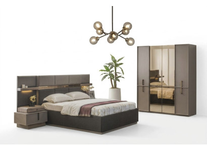 Lit double Complet chambre à coucher Lit 4 pièces Gris Tables de chevet Armoire