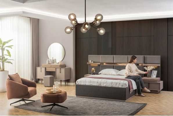 Chambre complète avec lit double, tables de chevet, console 6 pièces gris