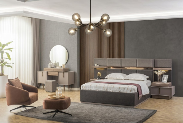Chambre complète avec lit double, tables de chevet, console 6 pièces gris