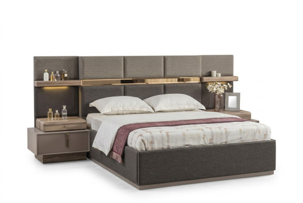 Chambre complète avec lit double, tables de chevet, console 6 pièces gris