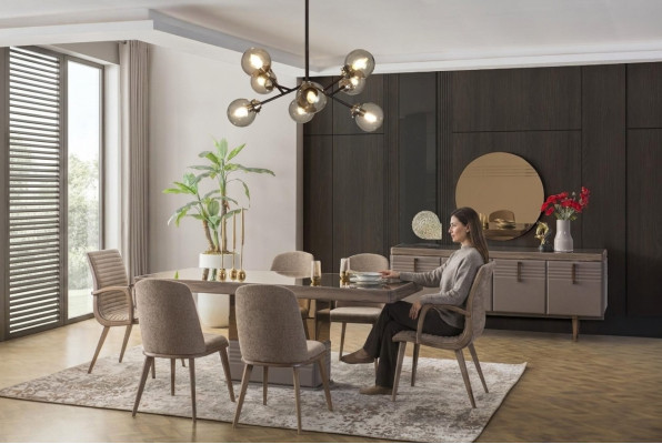 Luxe salle à manger Salle à manger Table à manger Ensemble de salle à manger Chaises Gris Bois 9 pièces Set
