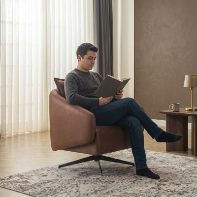 Fauteuil cabriolet pivotant à une place en similicuir marron design
