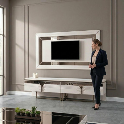 Unité murale meuble télé support mural meuble TV basse blanc bois buffet moderne