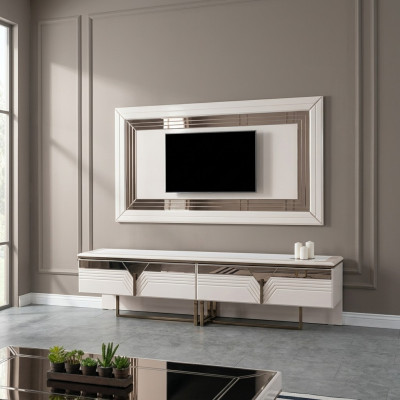 Unité murale meuble télé support mural meuble TV basse blanc bois buffet moderne