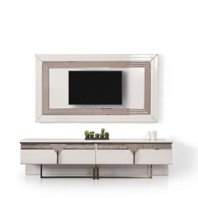 Unité murale meuble télé support mural meuble TV basse blanc bois buffet moderne