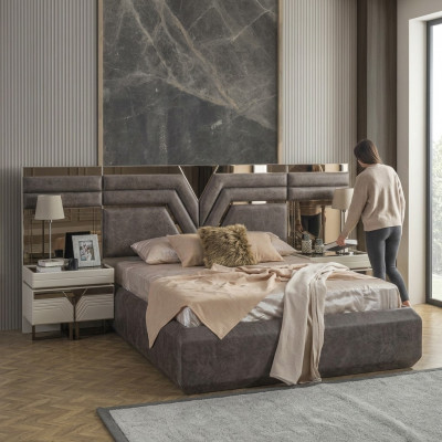 Chambre Suite Lit double Lit Tables de chevet Ensemble 3 pièces Gris Moderne