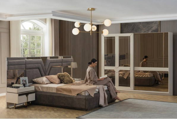 Chambre double Suite Lit Lit Tables de chevet 4pcs Gris Armoire