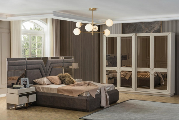 Chambre double Suite Lit Lit Tables de chevet 4pcs Gris Armoire