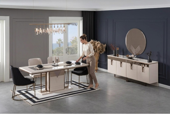 Suite Salle à manger Salle à manger Table de salle à manger Chaises 9 pièces Luxe Buffet blanc
