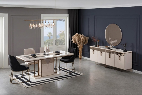 Suite Salle à manger Salle à manger Table de salle à manger Chaises 9 pièces Luxe Buffet blanc