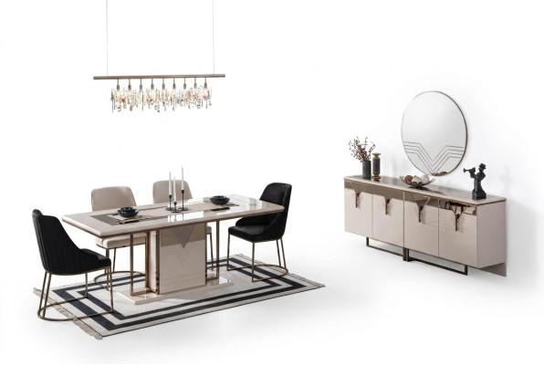 Suite Salle à manger Salle à manger Table de salle à manger Chaises 9 pièces Luxe Buffet blanc