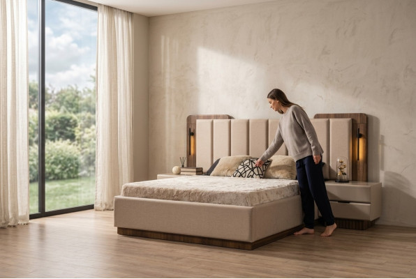 Chambre complète Lit double Tables de chevet beige Tissu 3 pièces