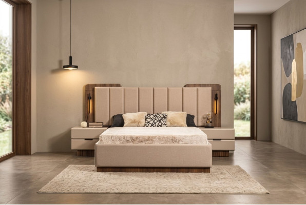Chambre complète Lit double Tables de chevet beige Tissu 3 pièces