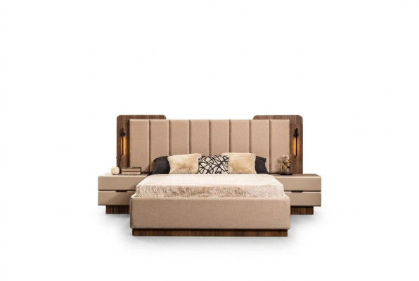 Chambre complète Lit double Tables de chevet beige Tissu 3 pièces