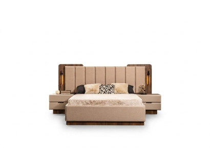 Chambre complète Lit double Tables de chevet beige Tissu 3 pièces