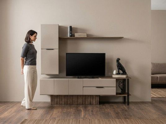 Meuble TV mural armoire murale meuble TV buffet bas en bois beige avec étagères