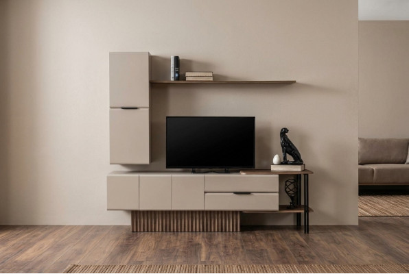Meuble TV mural armoire murale meuble TV buffet bas en bois beige avec étagères