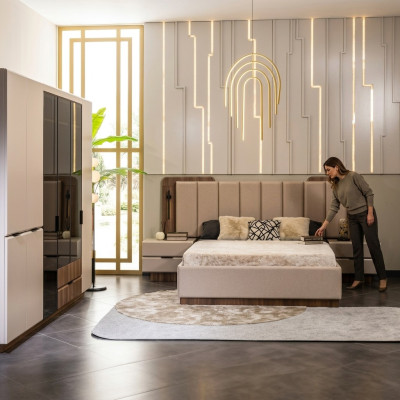 Suite de luxe avec lit double Chambre Tables de chevet 4 pièces Armoire beige