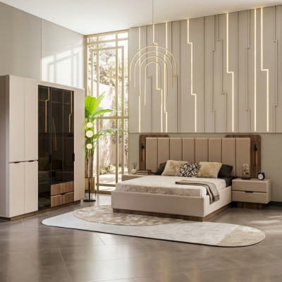 Suite de luxe avec lit double Chambre Tables de chevet 4 pièces Armoire beige