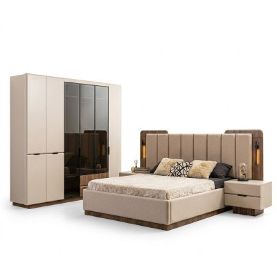 Suite de luxe avec lit double Chambre Tables de chevet 4 pièces Armoire beige